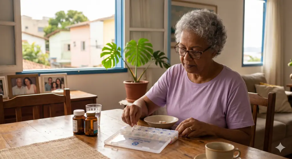 Senior organizing weekly medication box — calm, non-clinical home setting.