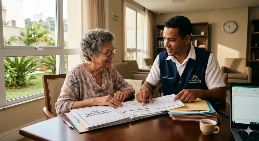 Senior and concierge organizing documents together — financial peace of mind, trust.
