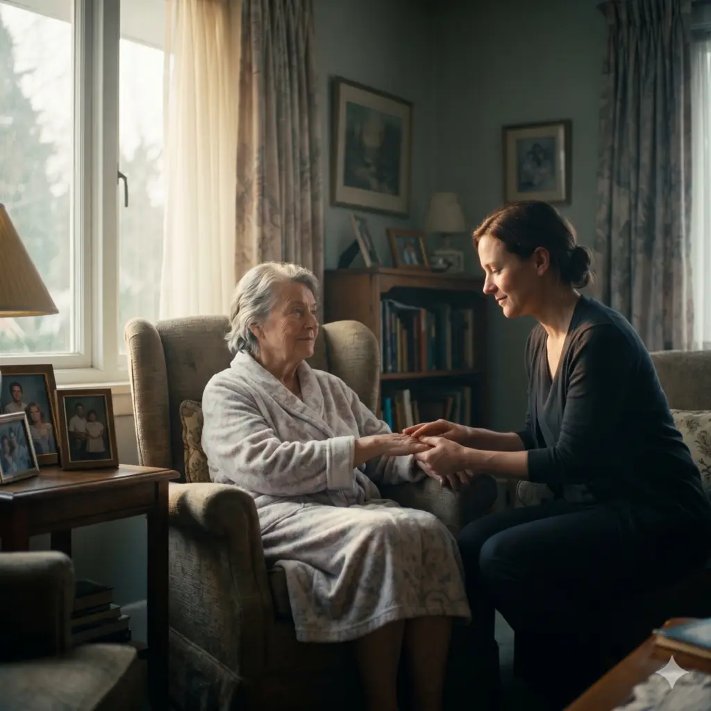 Senior receiving morning care at home — warm, private, dignified. No medical equipment.